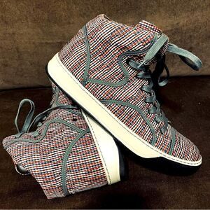 Lanvin designer high top sneakers red white blue plaid grey piping Womens 9 US